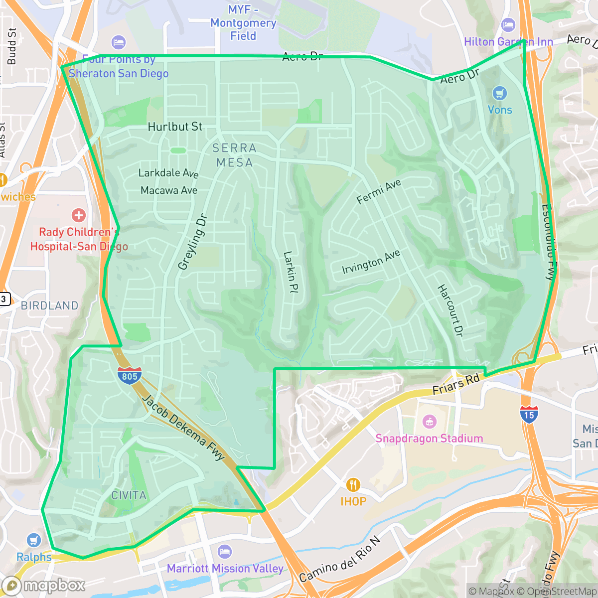 Map showing the location of Serra Mesa, San Diego, CA