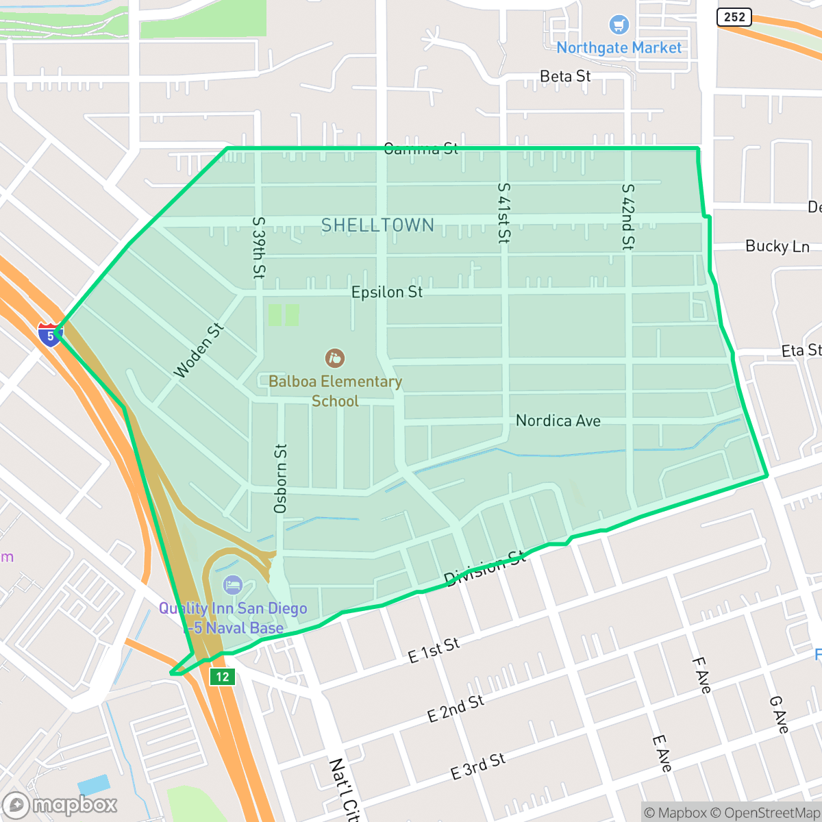 Map showing the location of Shelltown, San Diego, CA