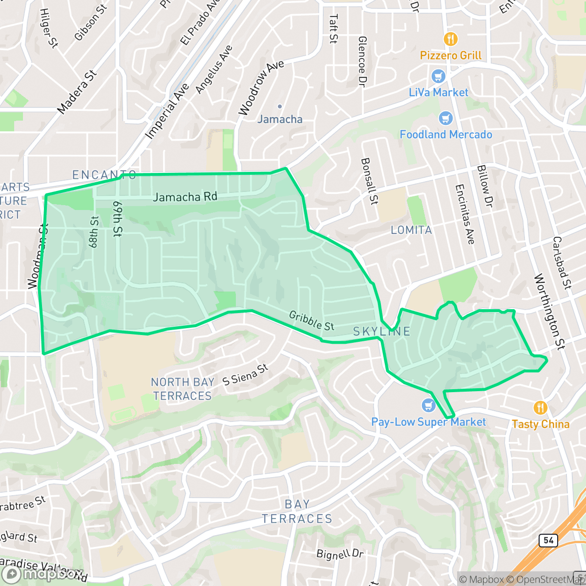 Map showing the location of Skyline, San Diego, CA