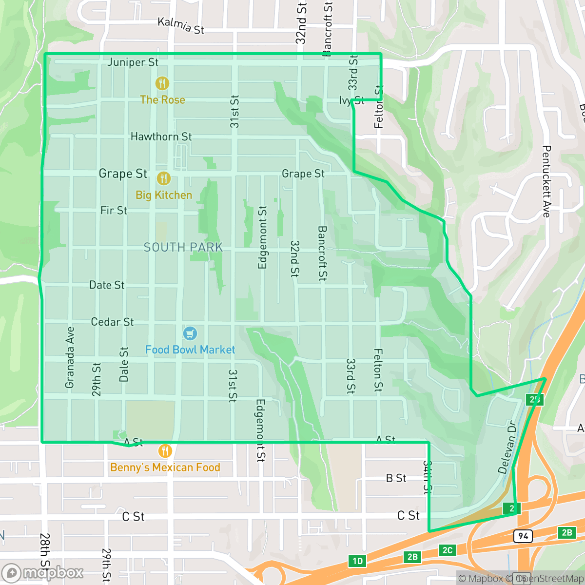Map showing the location of South Park, San Diego, CA