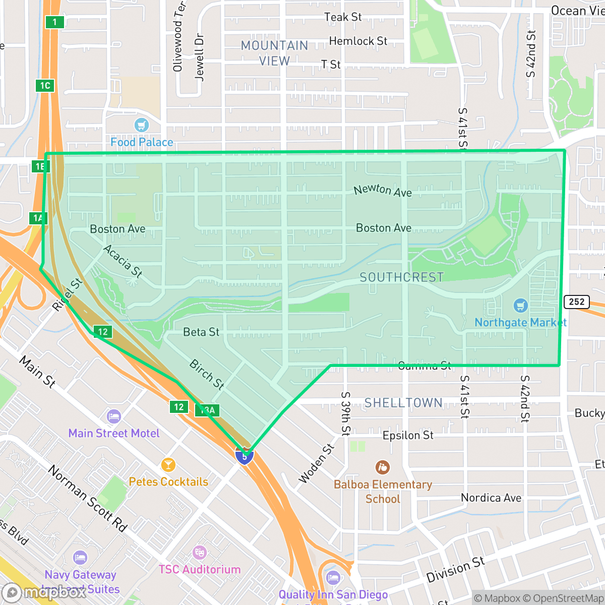 Map showing the location of Southcrest, San Diego, CA