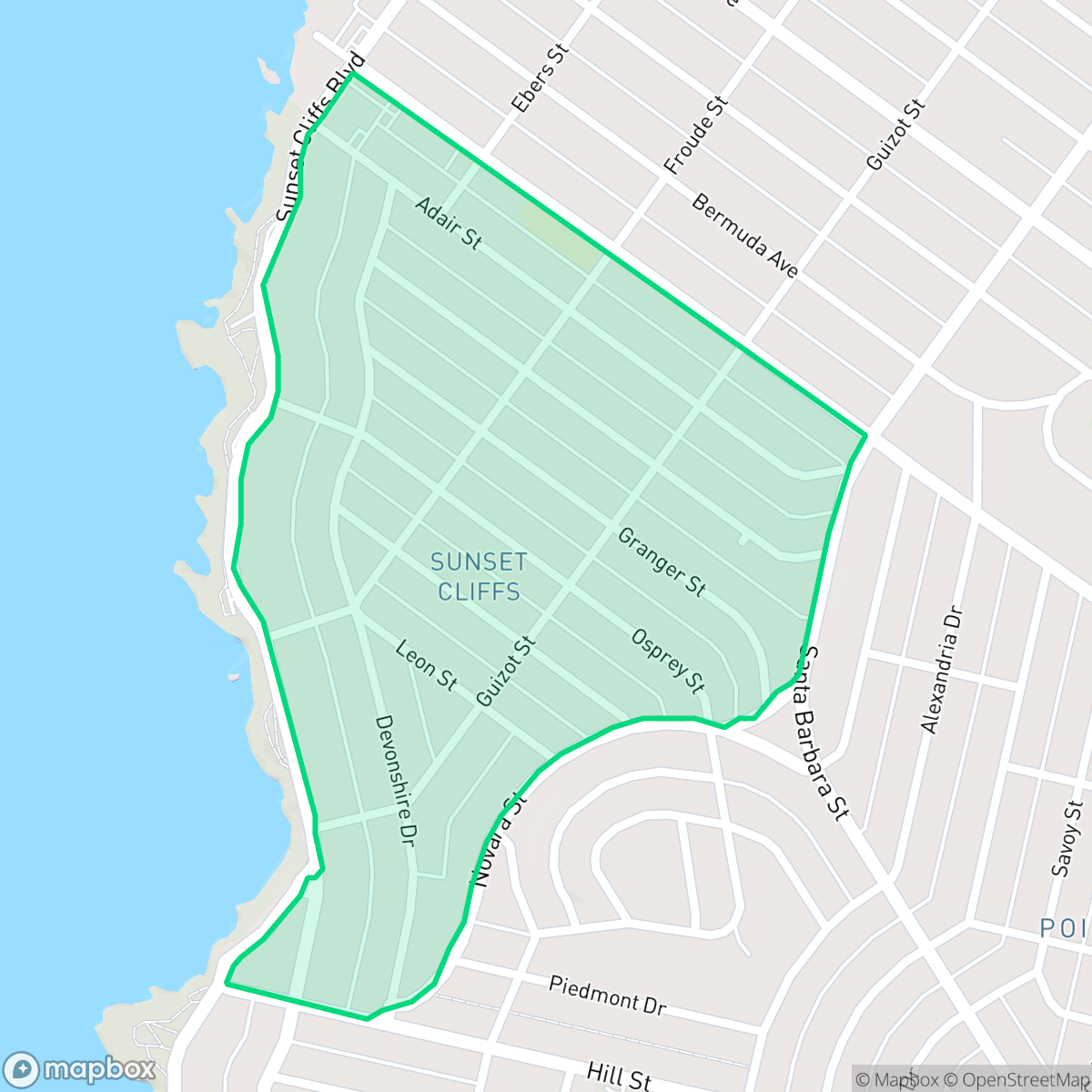 Map showing the location of Sunset Cliffs, San Diego, CA
