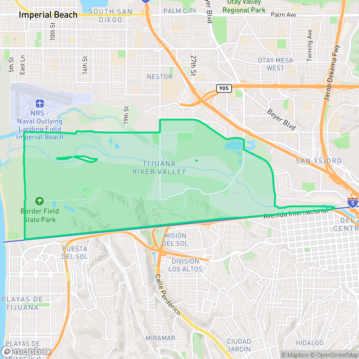 Map showing the location of Tijuana River Valley, San Diego, CA
