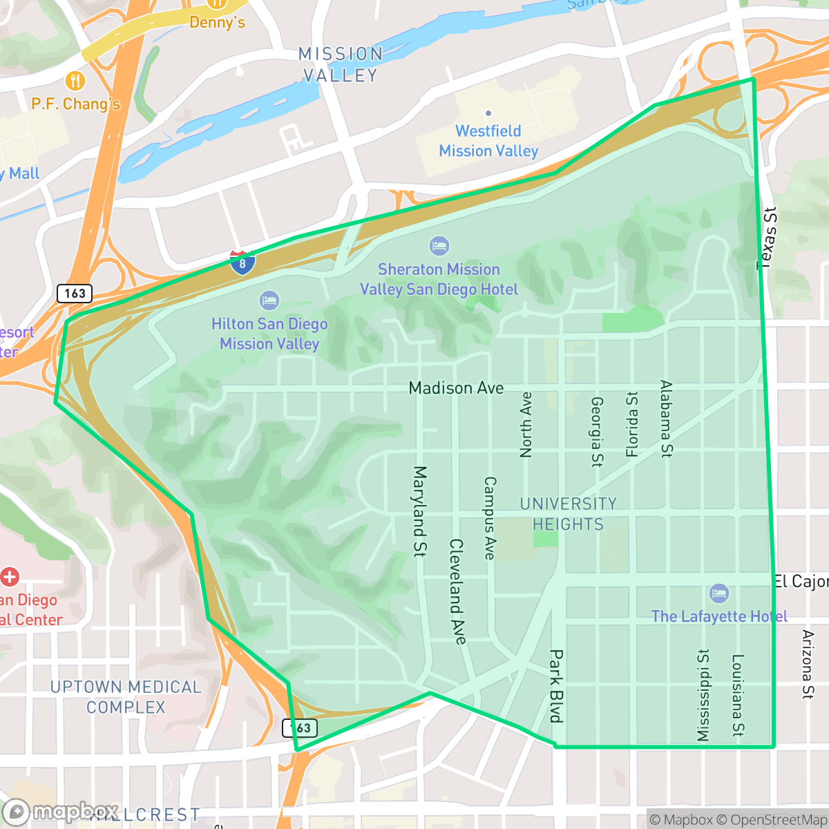 Map showing the location of University Heights, San Diego, CA