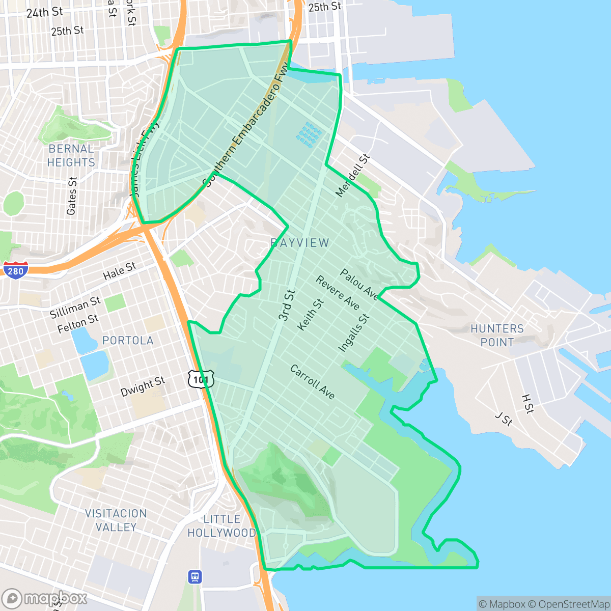 Map showing the location of Bayview, San Francisco, CA