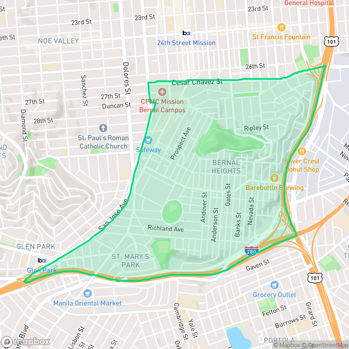 Map showing the location of Bernal Heights, San Francisco, CA