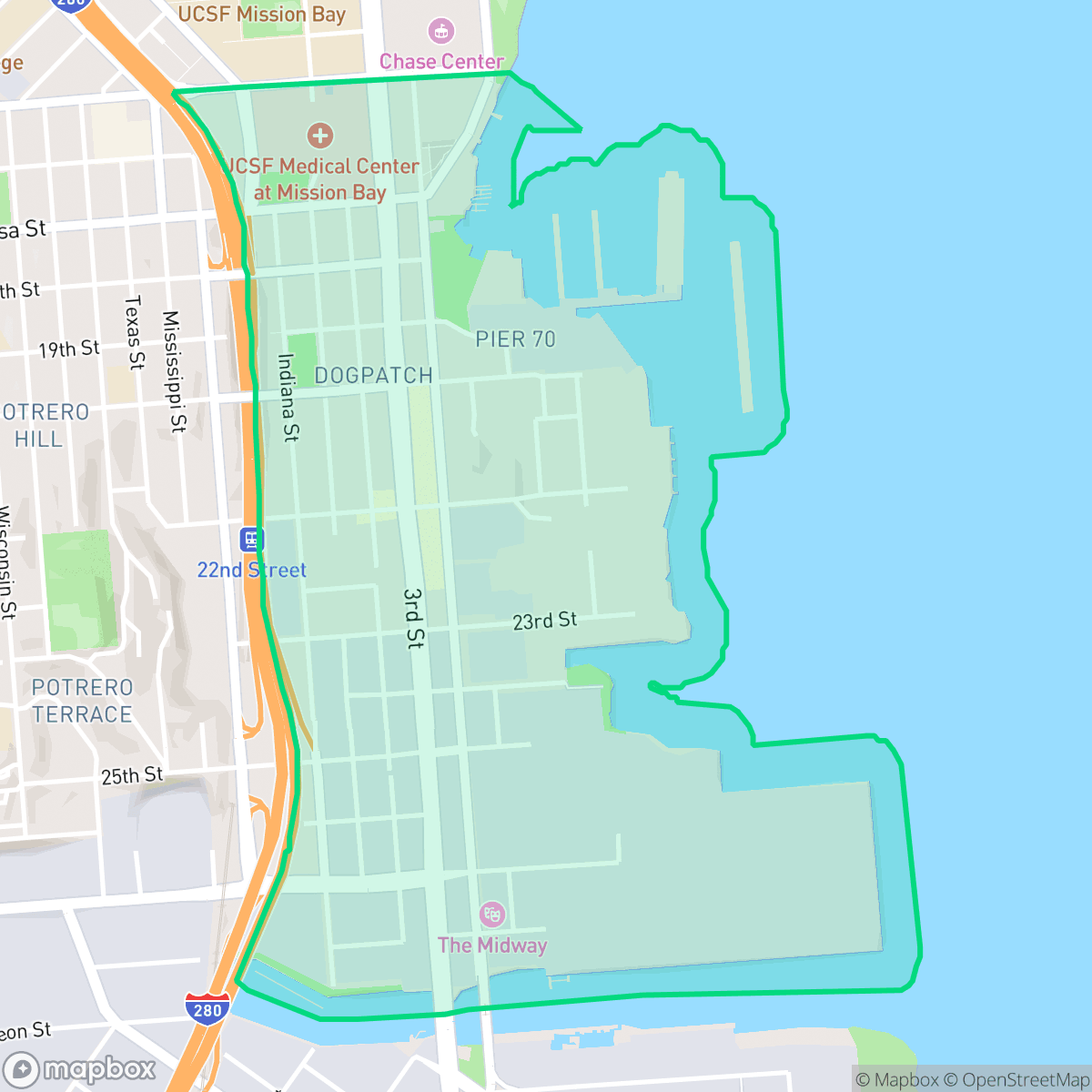 Map showing the location of Central Waterfront - Dogpatch, San Francisco, CA