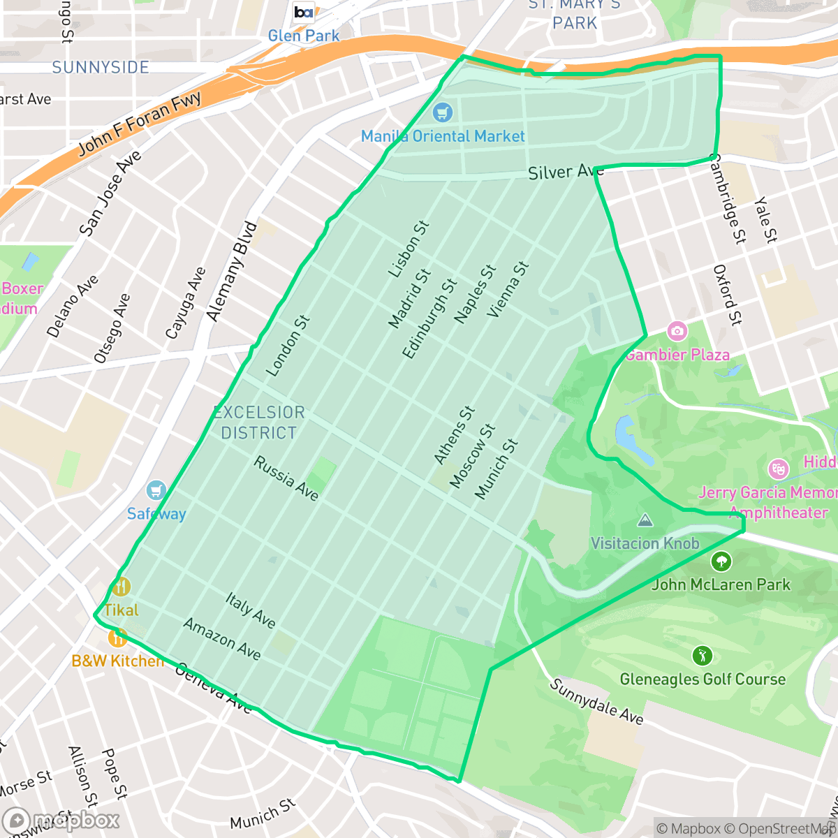 Map showing the location of Excelsior, San Francisco, CA