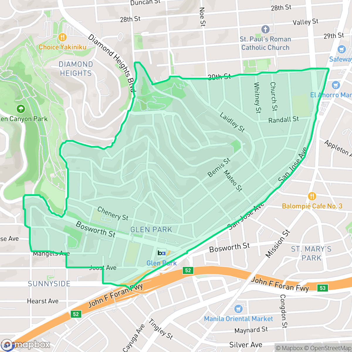 Map showing the location of Glen Park, San Francisco, CA