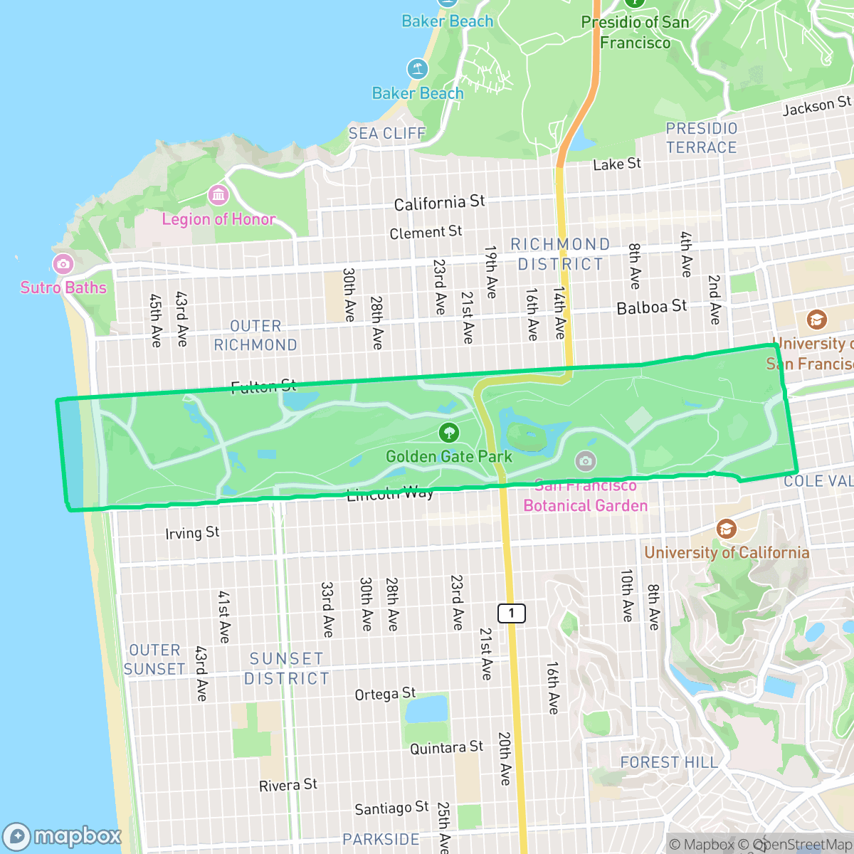 Map showing the location of Golden Gate Park, San Francisco, CA