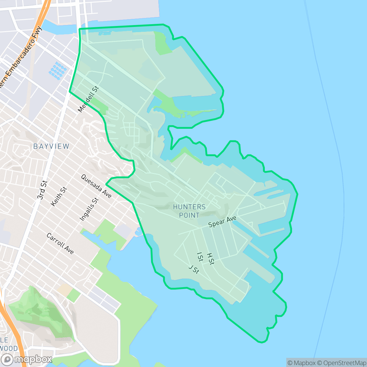 Map showing the location of Hunters Point, San Francisco, CA