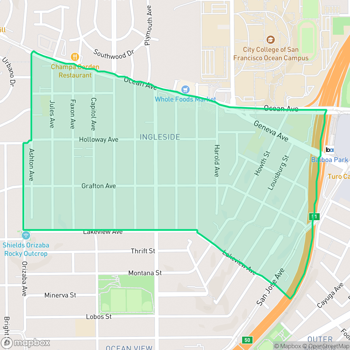 Map showing the location of Ingleside, San Francisco, CA
