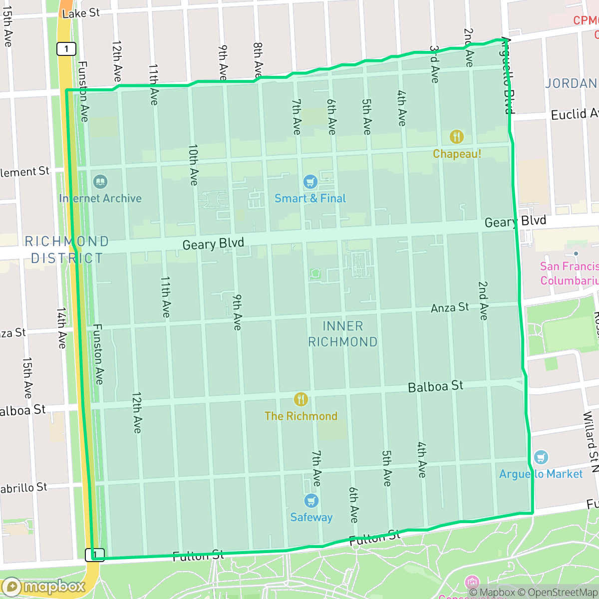 Map showing the location of Inner Richmond, San Francisco, CA