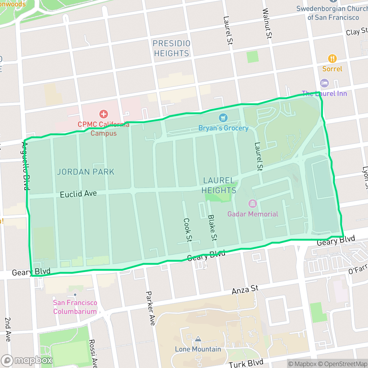 Map showing the location of Jordan Park - Laurel Heights, San Francisco, CA