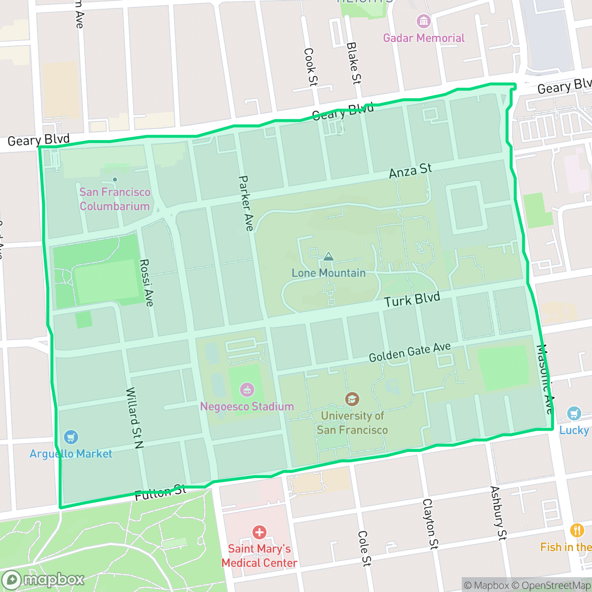Map showing the location of Lone Mountain, San Francisco, CA