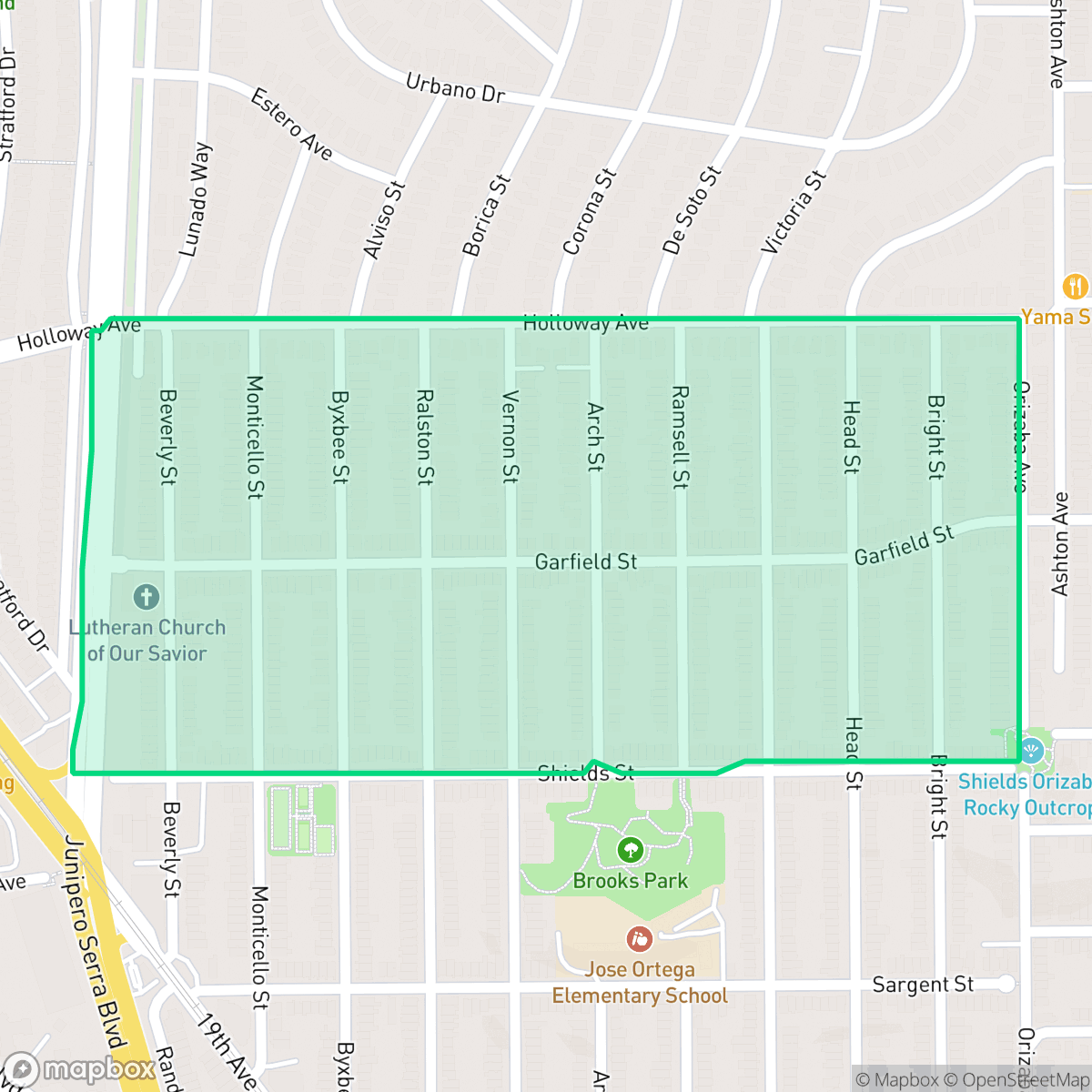 Map showing the location of Merced Heights, San Francisco, CA