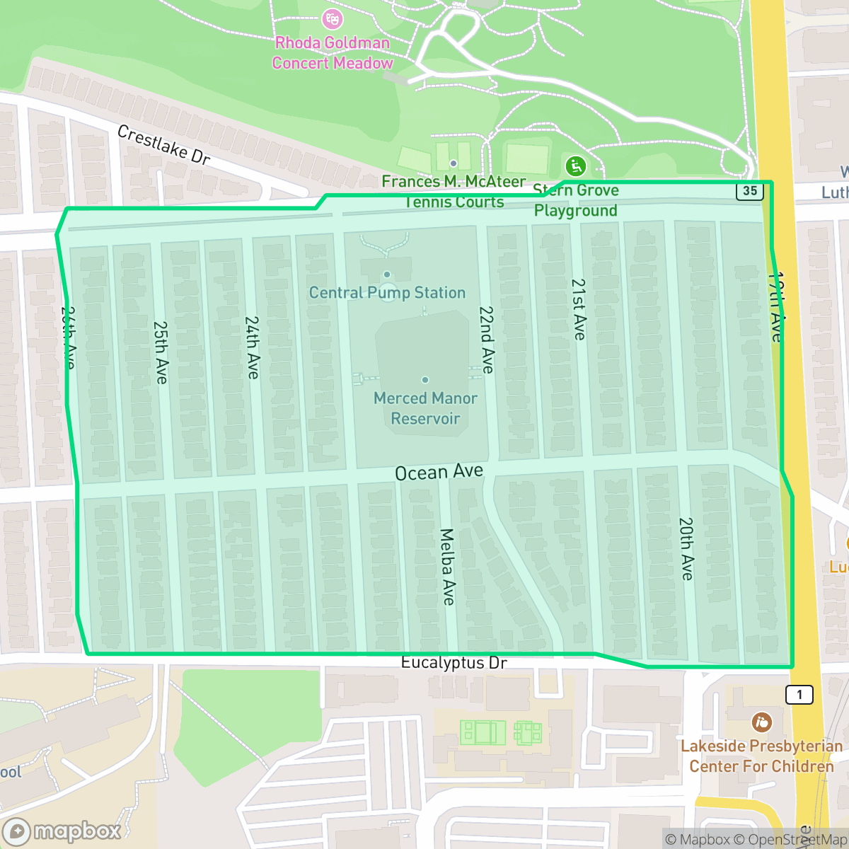 Map showing the location of Merced Manor, San Francisco, CA
