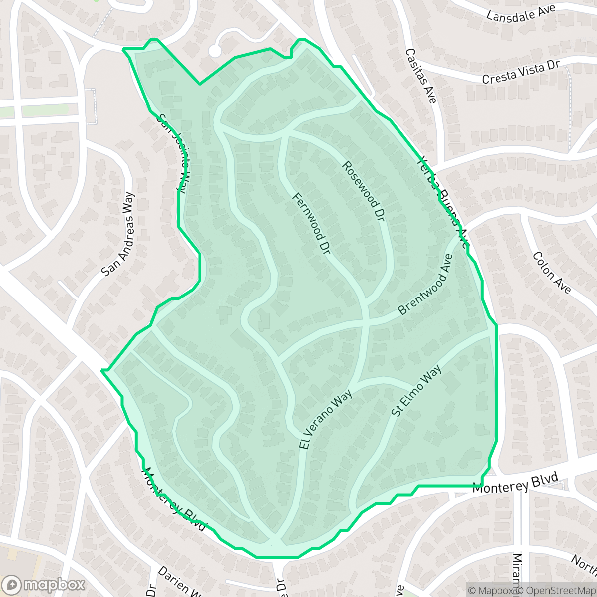 Map showing the location of Monterey Heights, San Francisco, CA