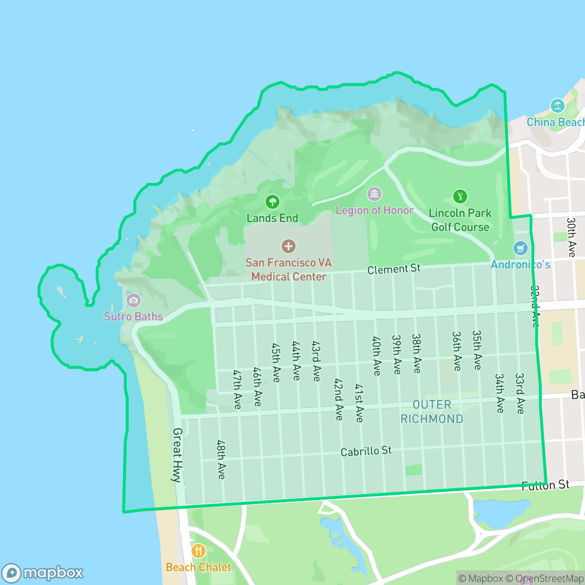 Map showing the location of Outer Richmond, San Francisco, CA