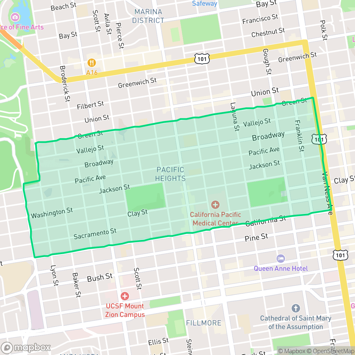 Map showing the location of Pacific Heights, San Francisco, CA