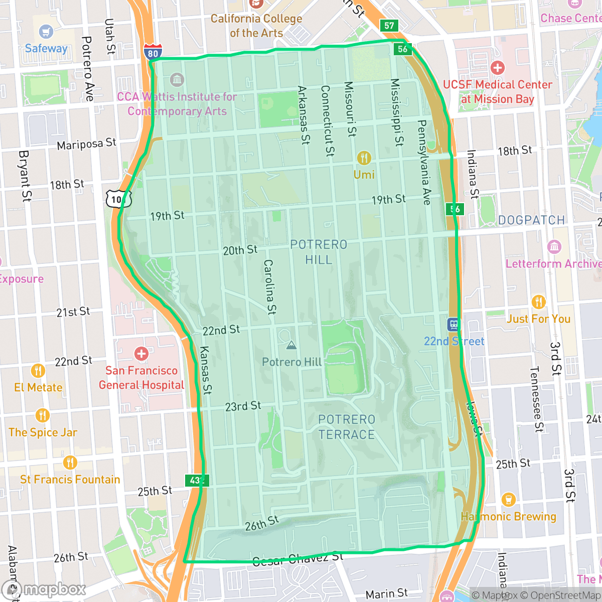 Map showing the location of Potrero Hill, San Francisco, CA