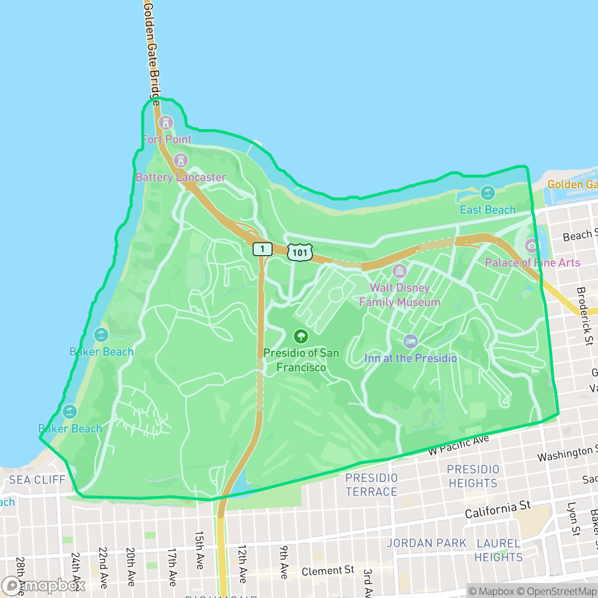 Map showing the location of Presidio, San Francisco, CA