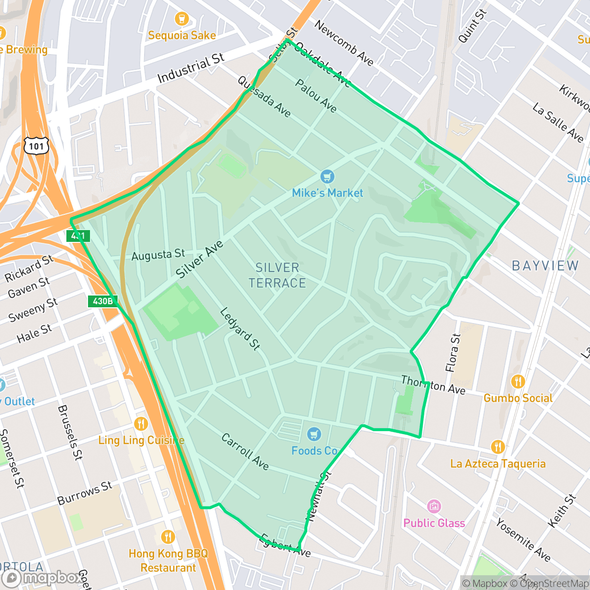Map showing the location of Silver Terrace, San Francisco, CA