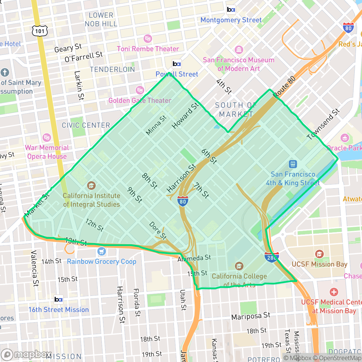 Map showing the location of South of Market, San Francisco, CA