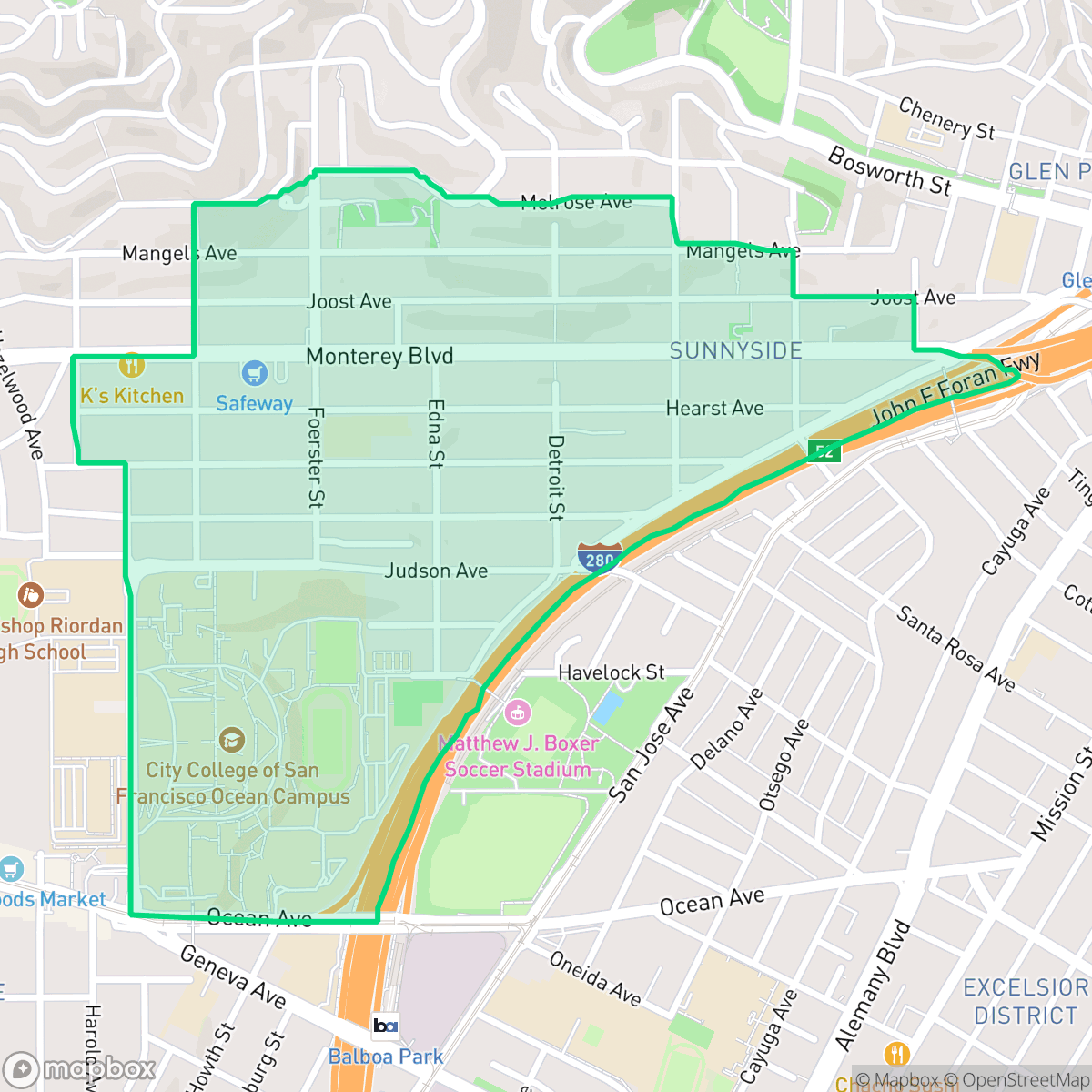 Map showing the location of Sunnyside, San Francisco, CA