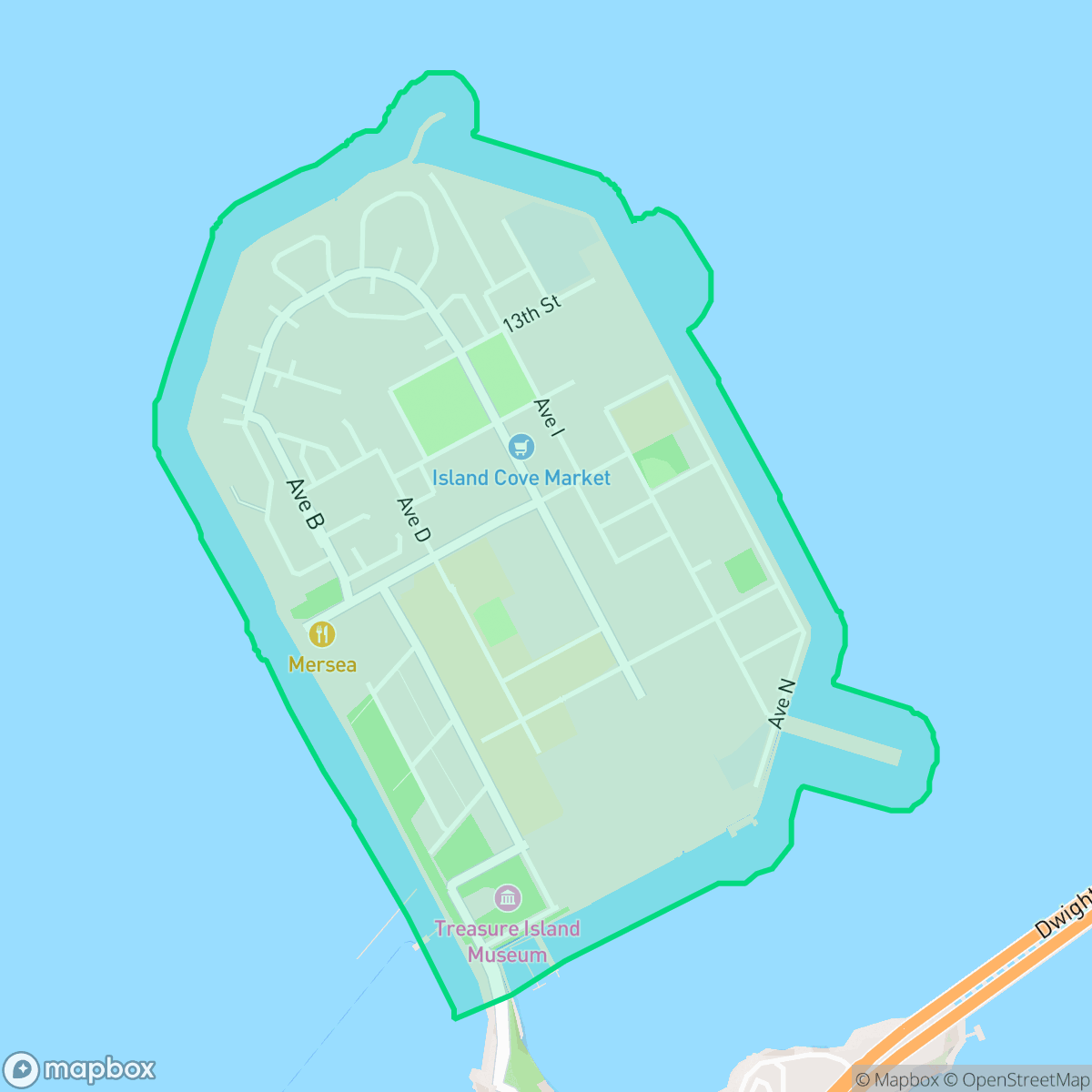 Map showing the location of Treasure Island, San Francisco, CA