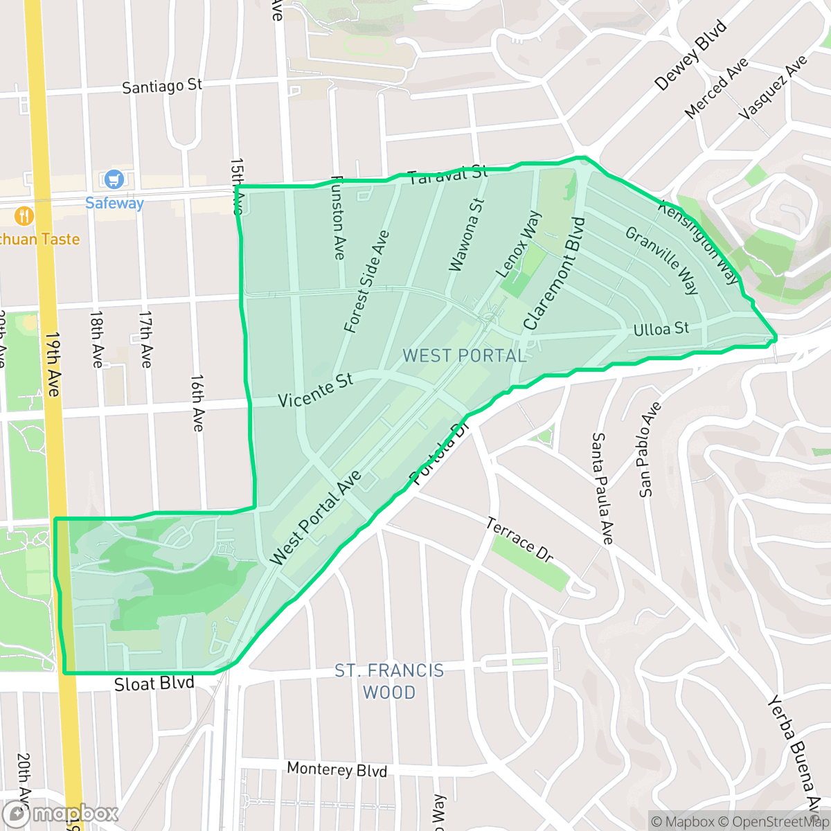 Map showing the location of West Portal, San Francisco, CA