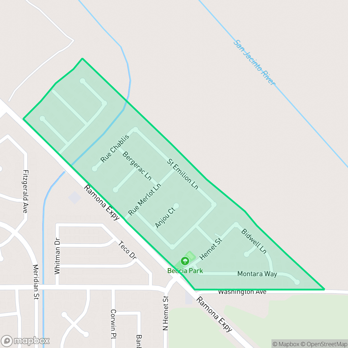 Map showing the location of Belicia Ranch, San Jacinto, CA