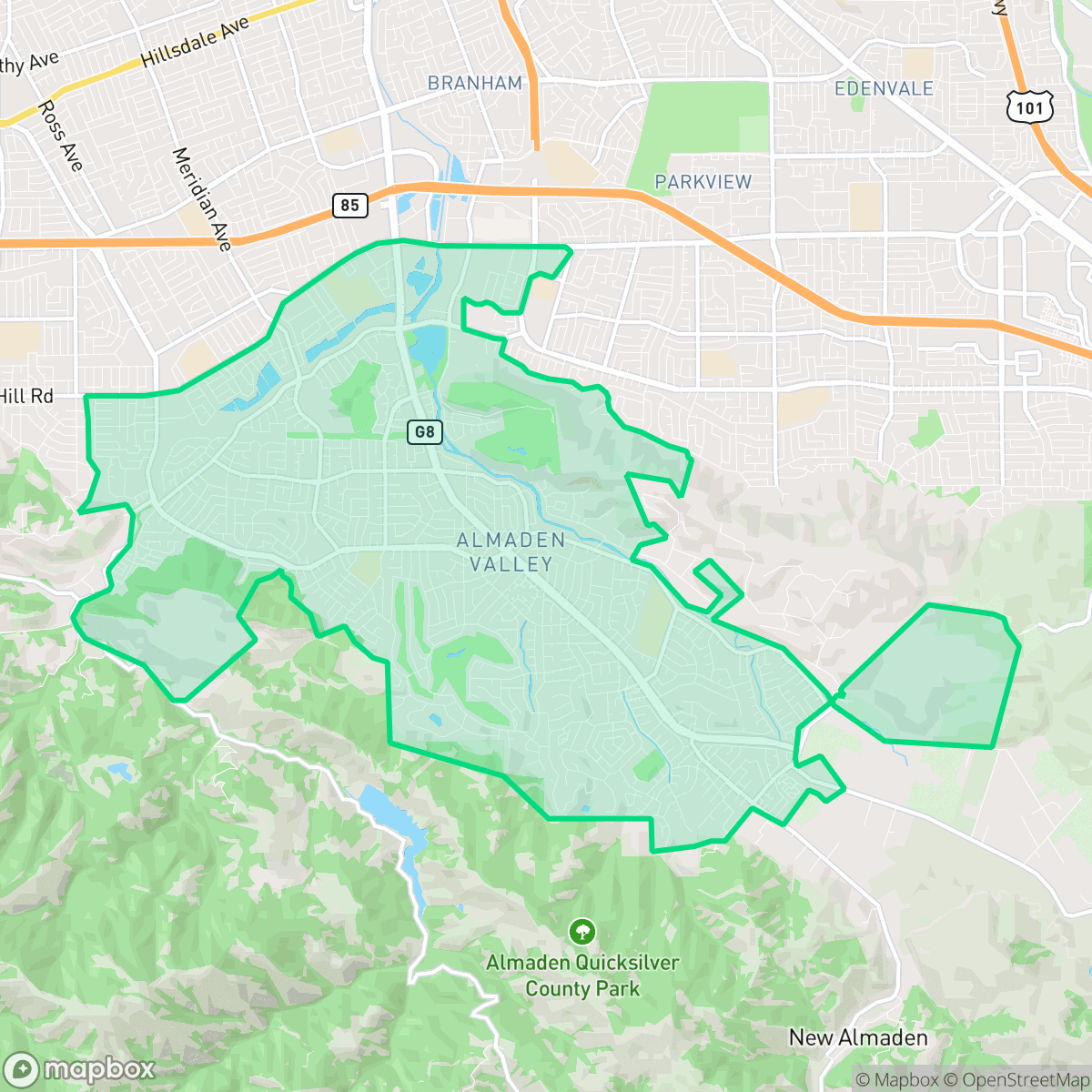 Map showing the location of Almaden Valley, San Jose, CA