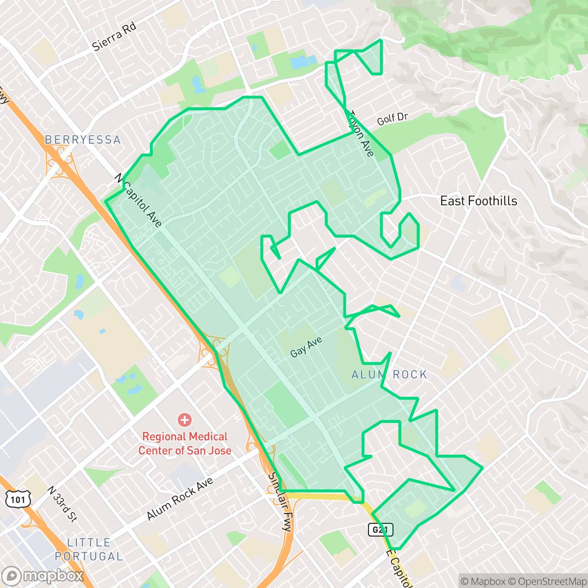 Map showing the location of Alum Rock-East Foothills, San Jose, CA