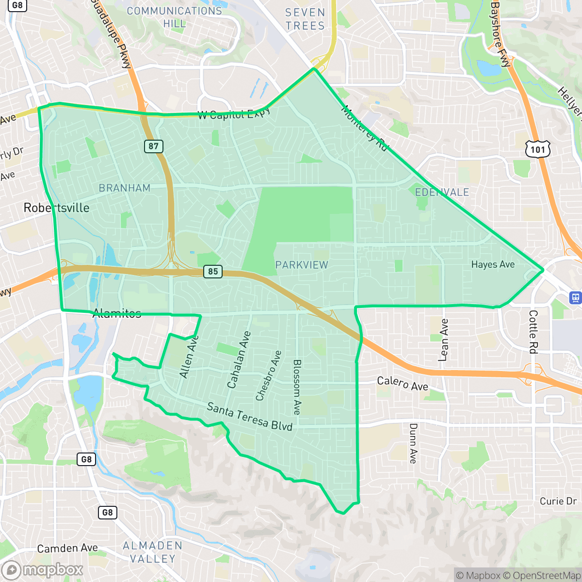 Map showing the location of Blossom Valley, San Jose, CA