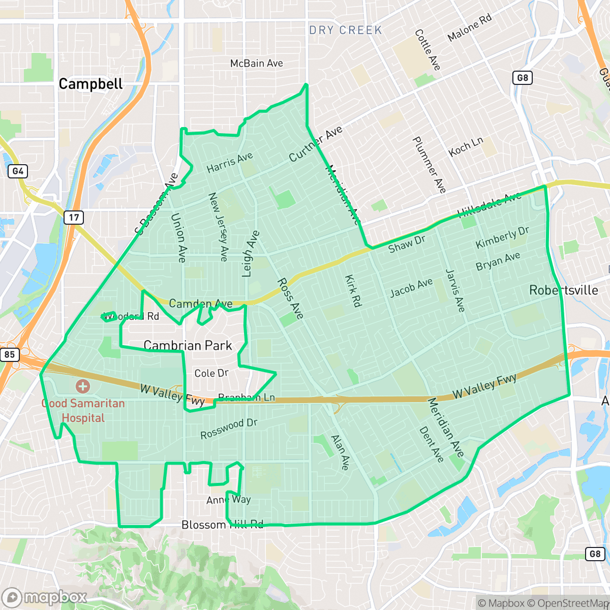 Map showing the location of Cambrian Park, San Jose, CA