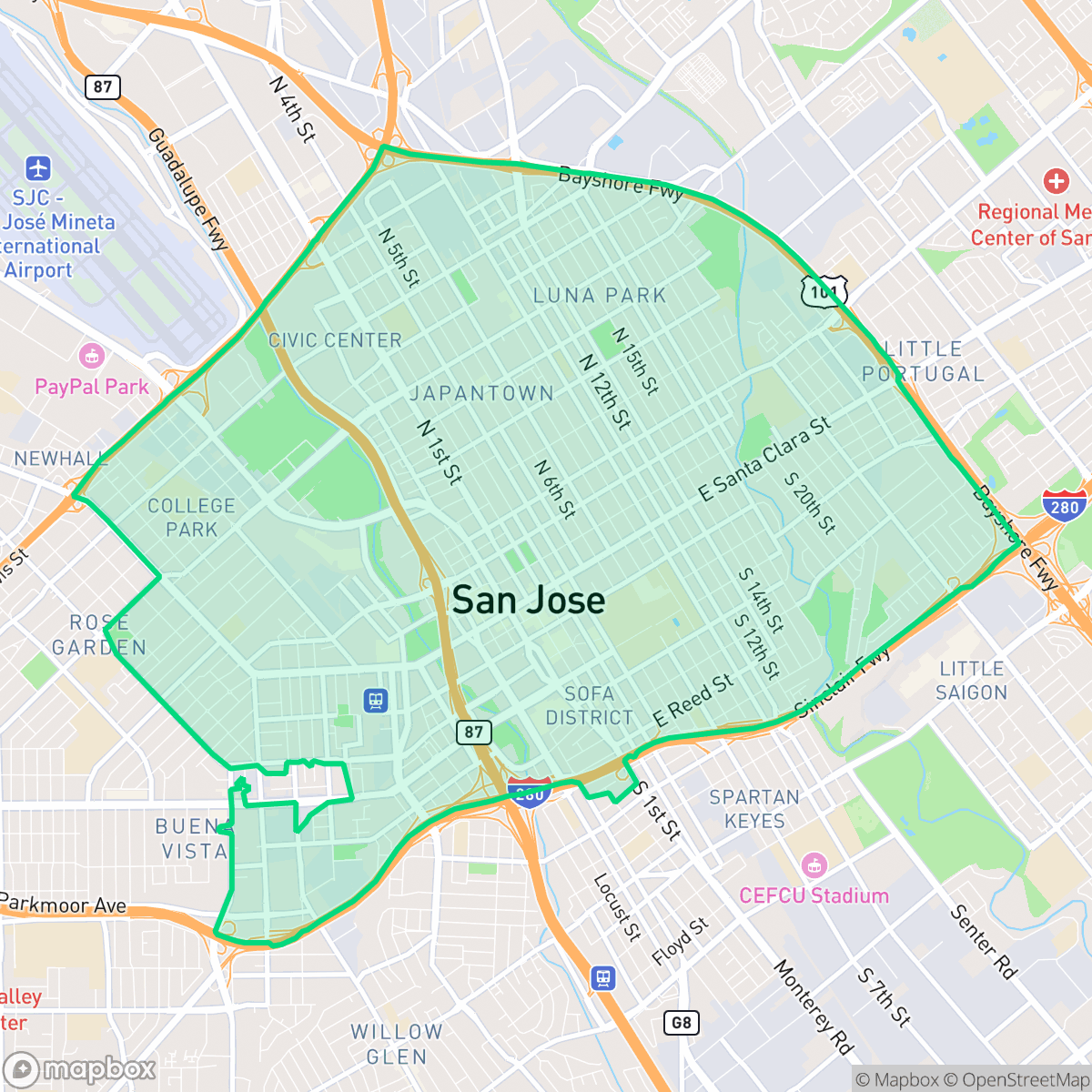 Map showing the location of Downtown, San Jose, CA