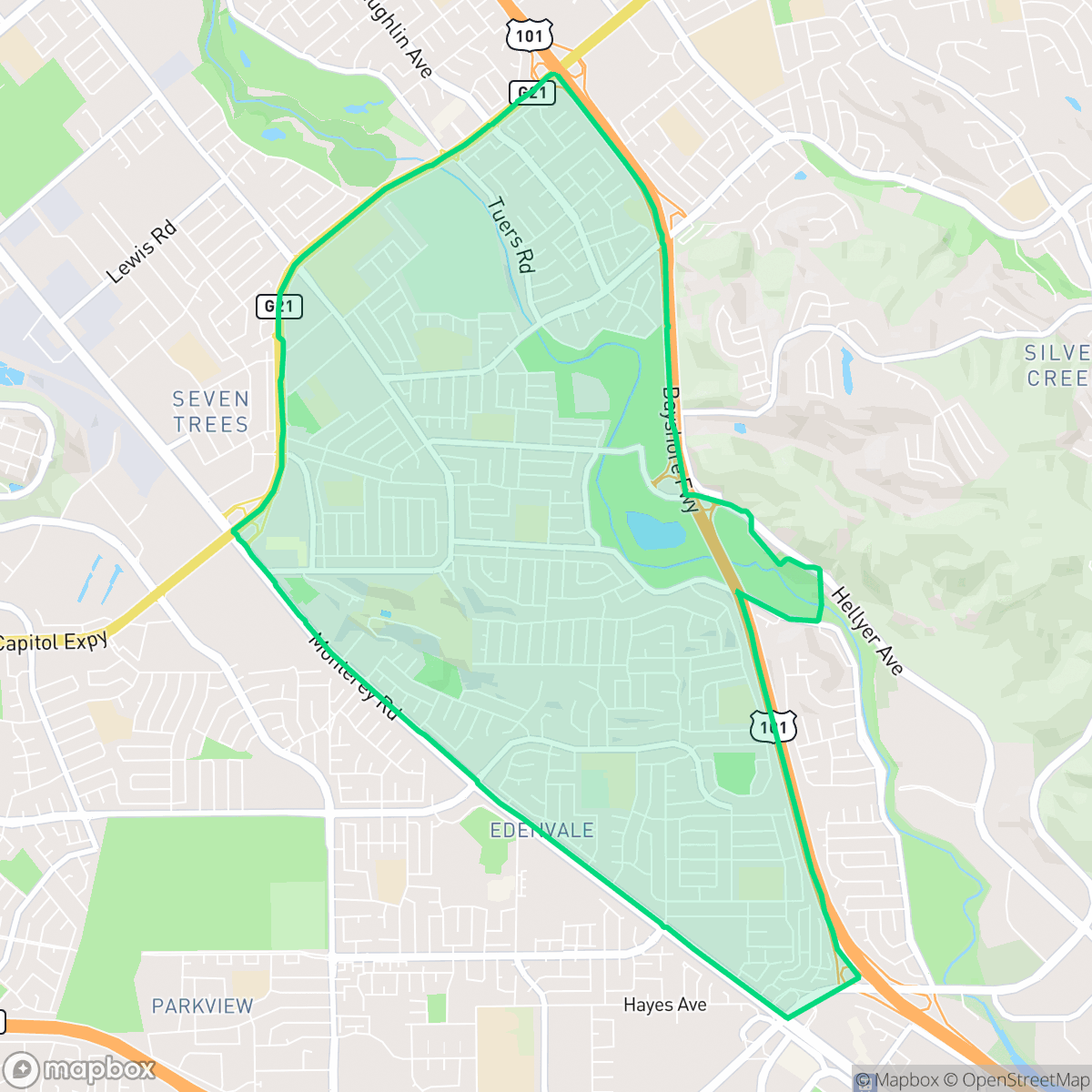 Map showing the location of Edenvale - Seven Trees, San Jose, CA