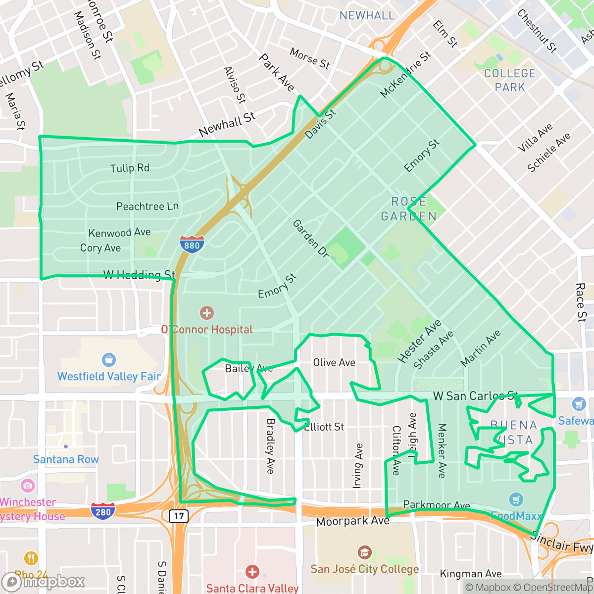 Map showing the location of Rose Garden, San Jose, CA