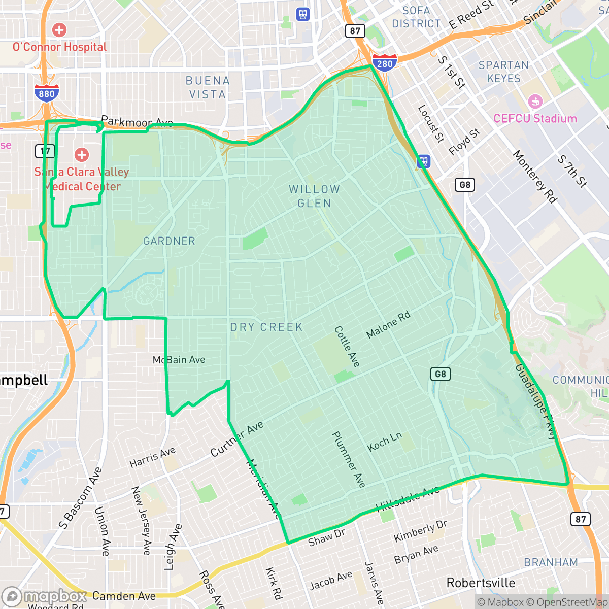 Map showing the location of Willow Glen, San Jose, CA