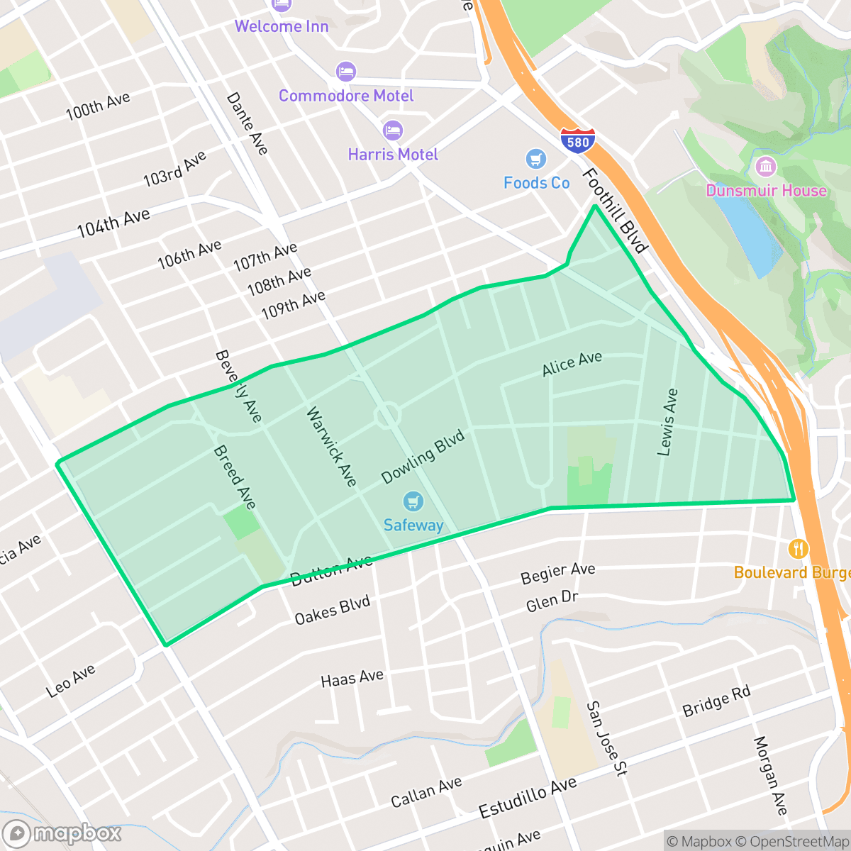 Map showing the location of Broadmoor, San Leandro, CA
