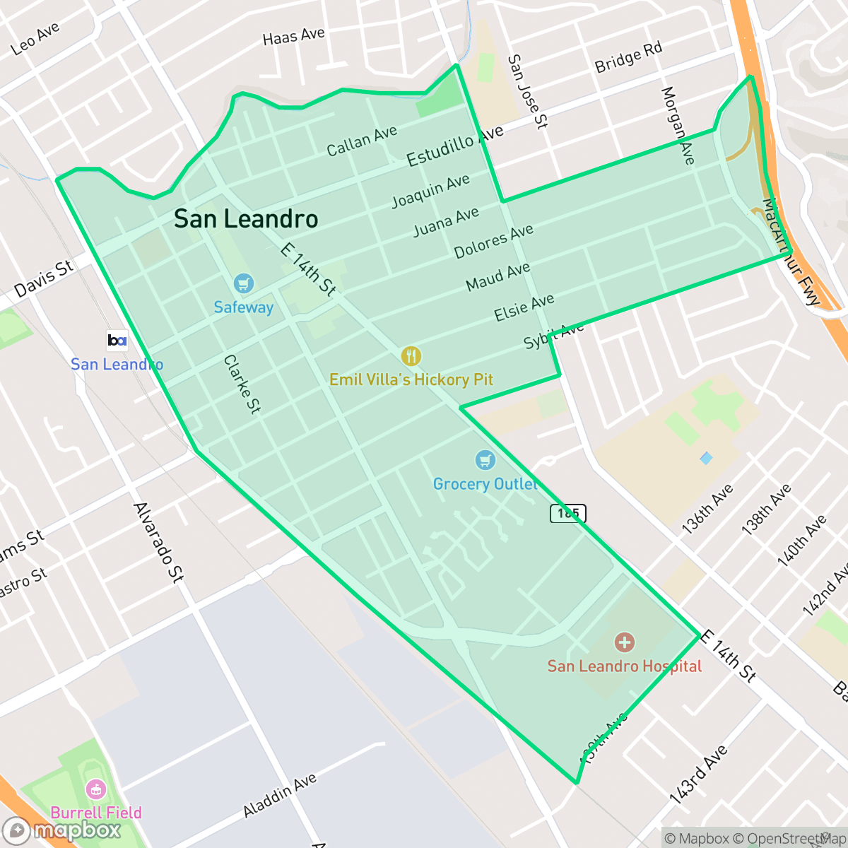 Map showing the location of Downtown, San Leandro, CA