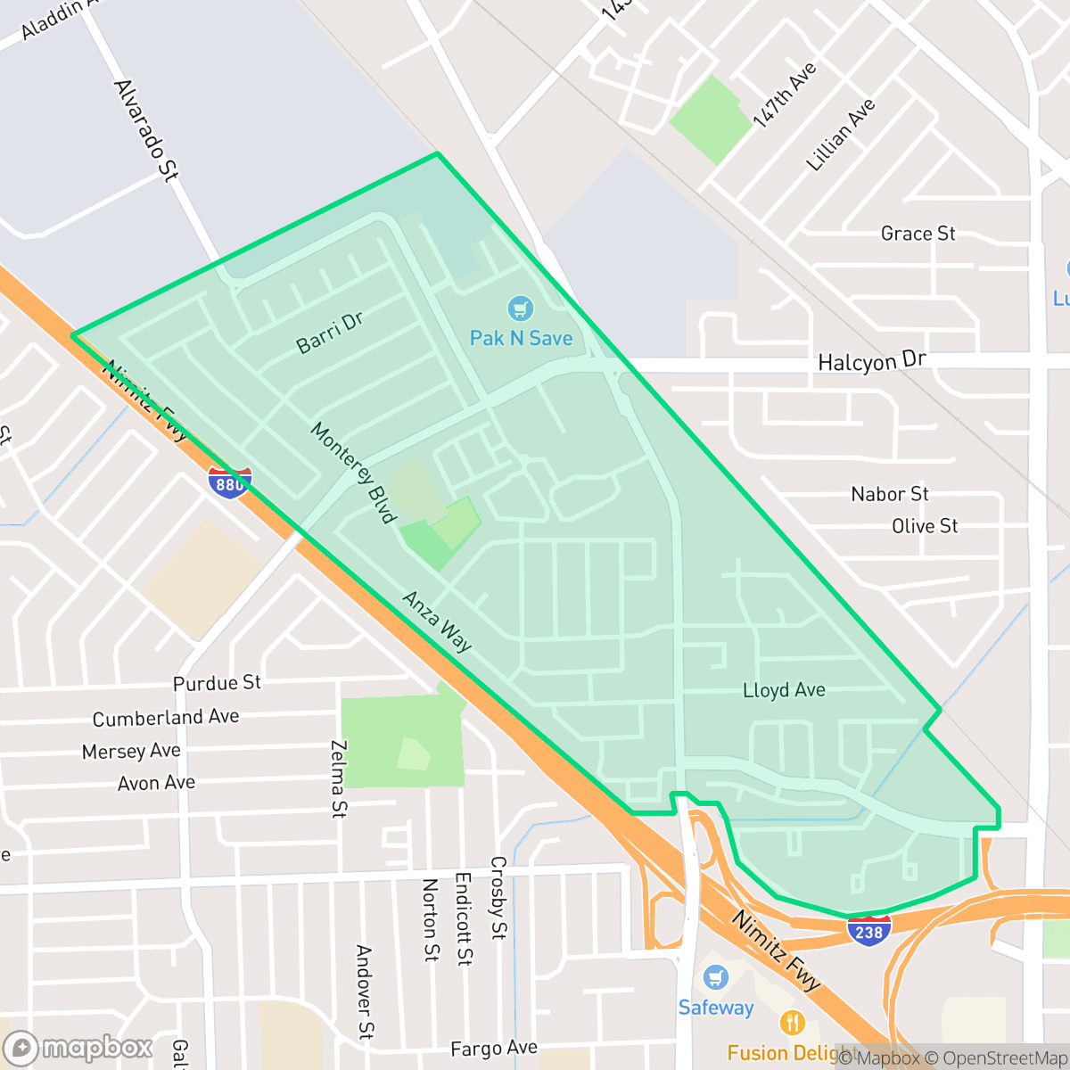 Map showing the location of Floresta Gardens, San Leandro, CA