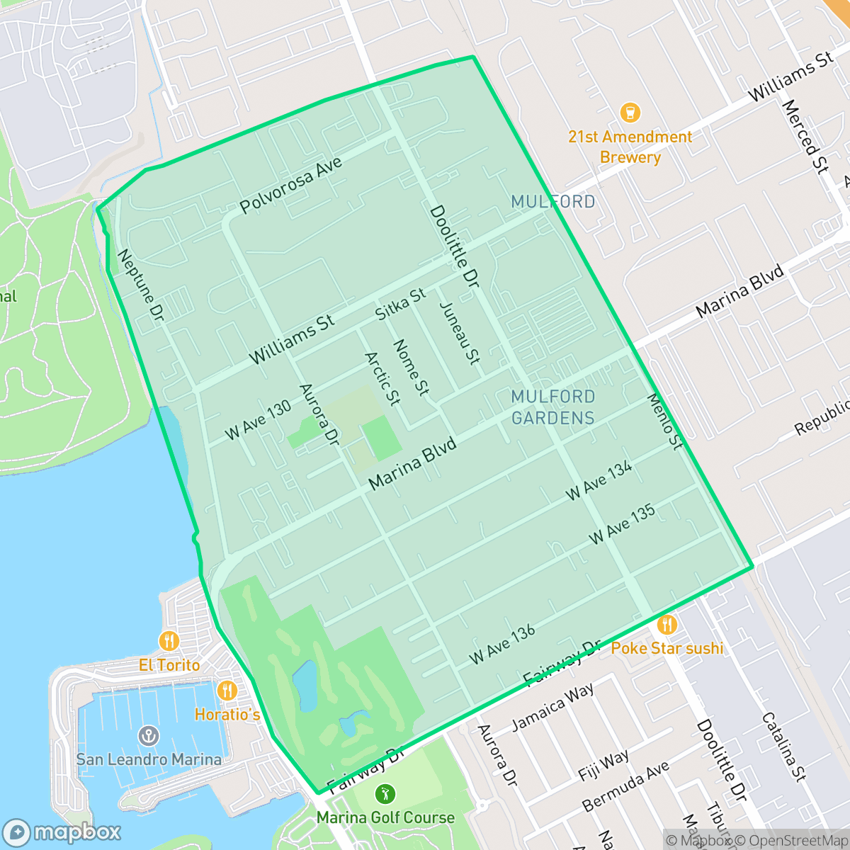 Map showing the location of Mulford Gardens, San Leandro, CA