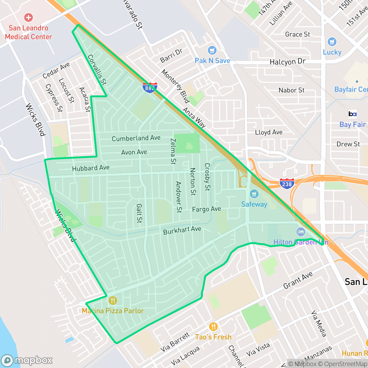 Map showing the location of Washington Manor, San Leandro, CA