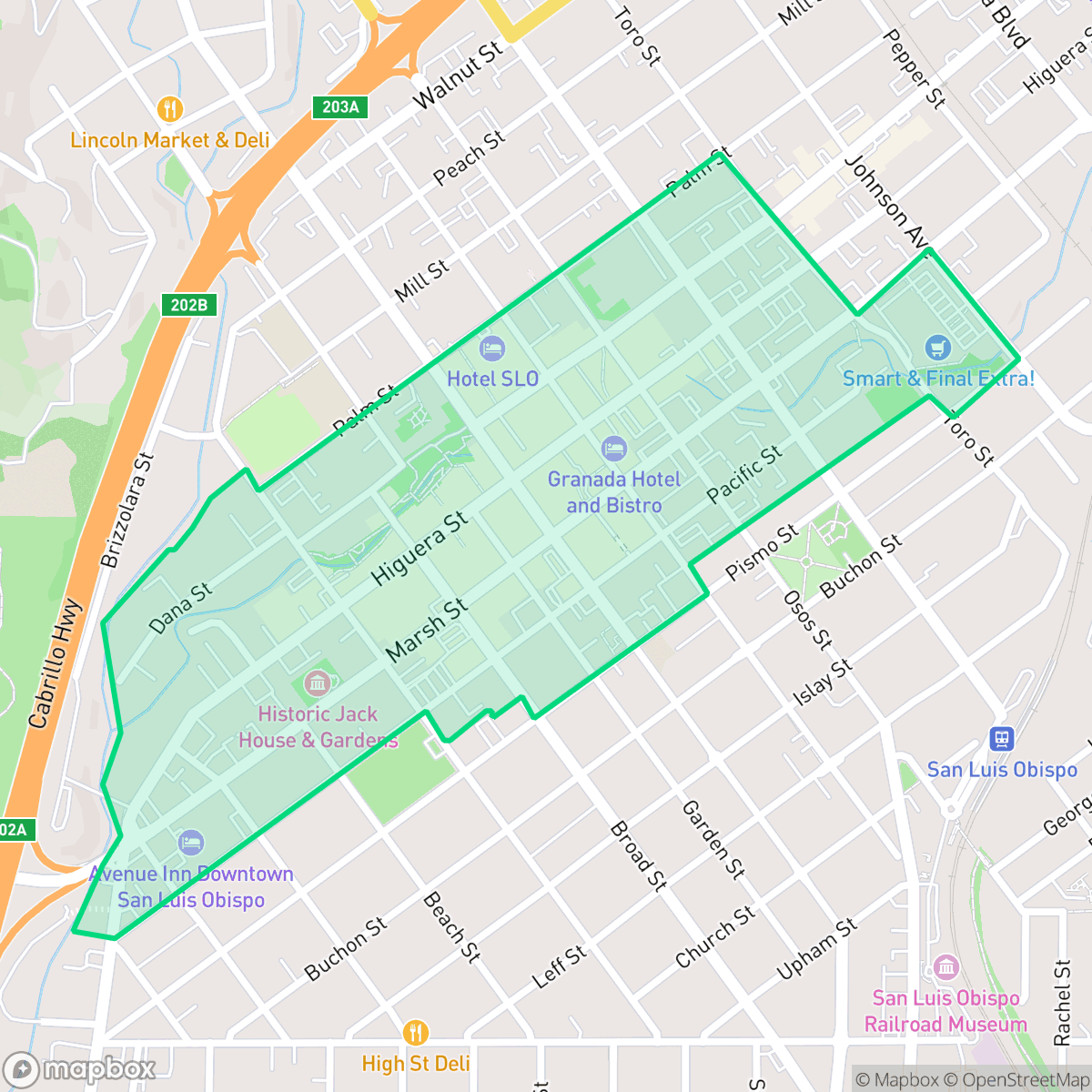 Map showing the location of Downtown, San Luis Obispo, CA