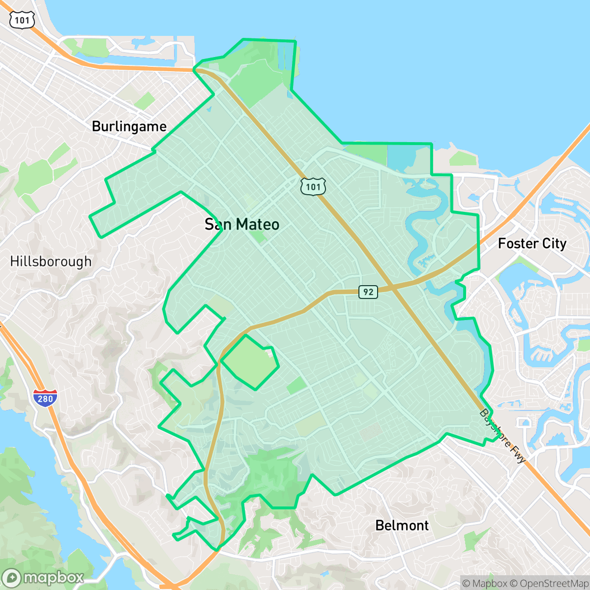 Map showing the location of San Mateo, CA — coverage area