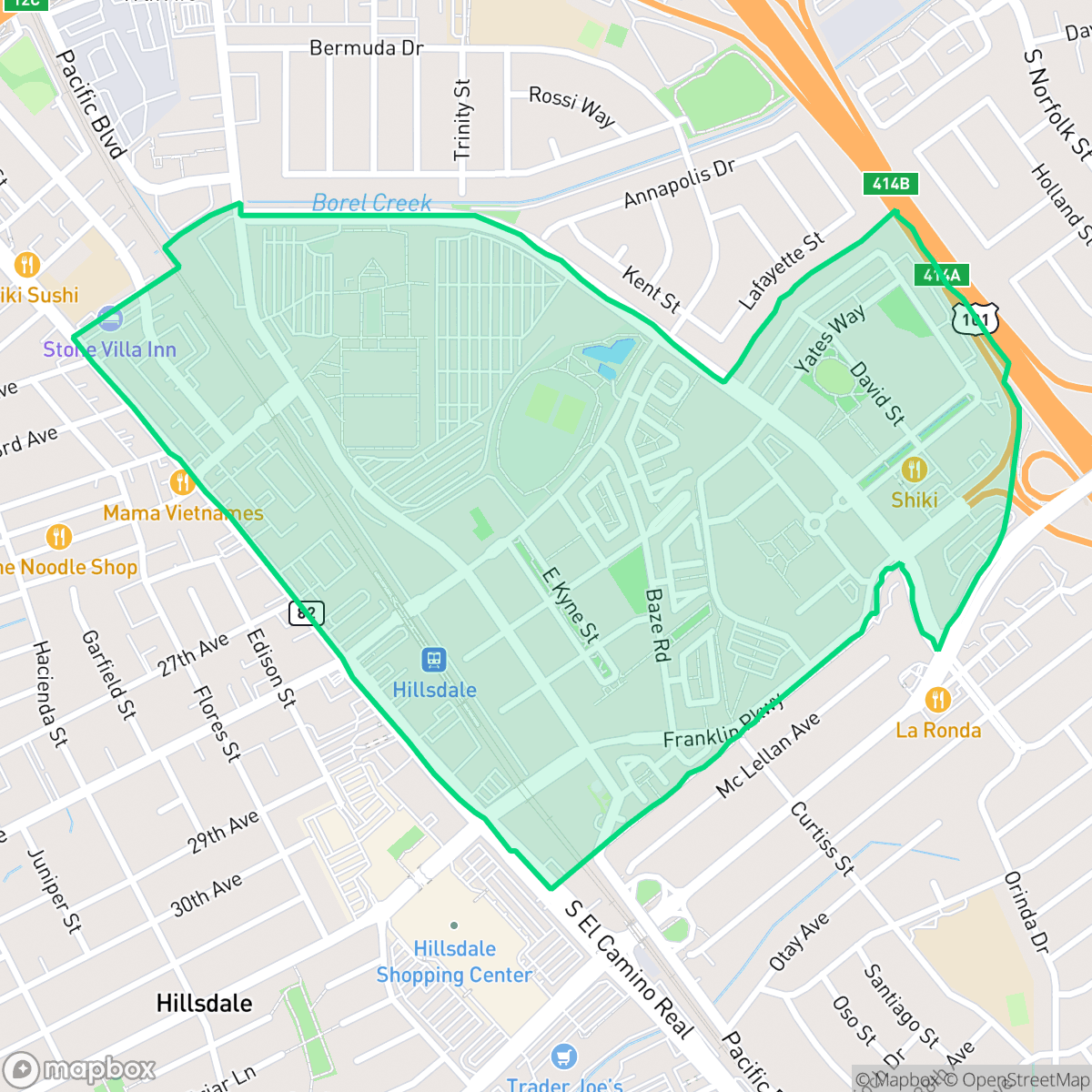 Map showing the location of Bay Meadows, San Mateo, CA