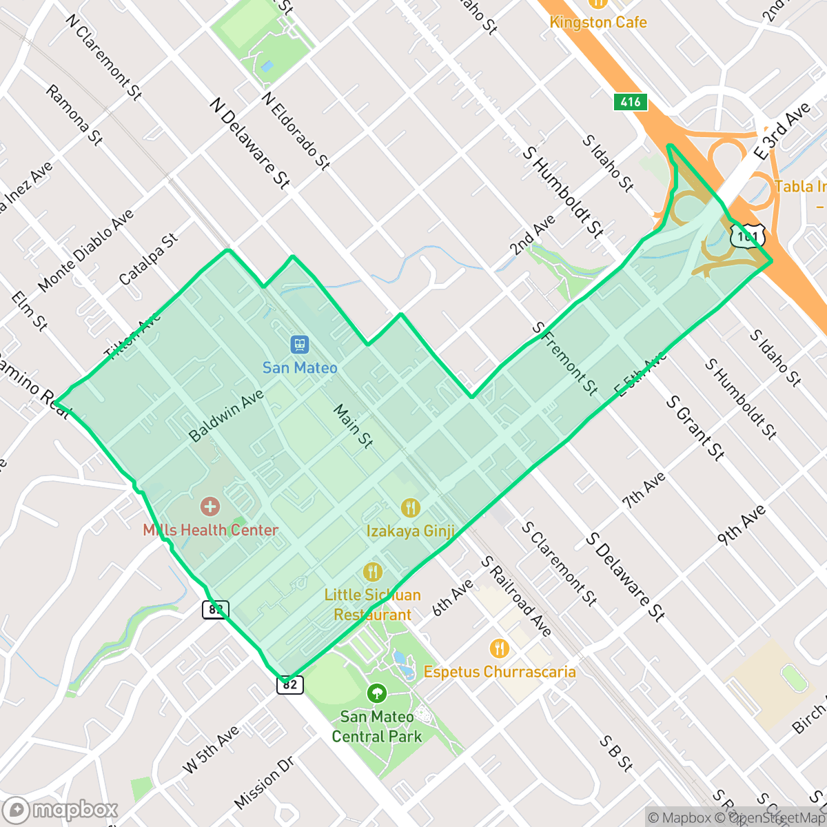 Map showing the location of Central Business District, San Mateo, CA