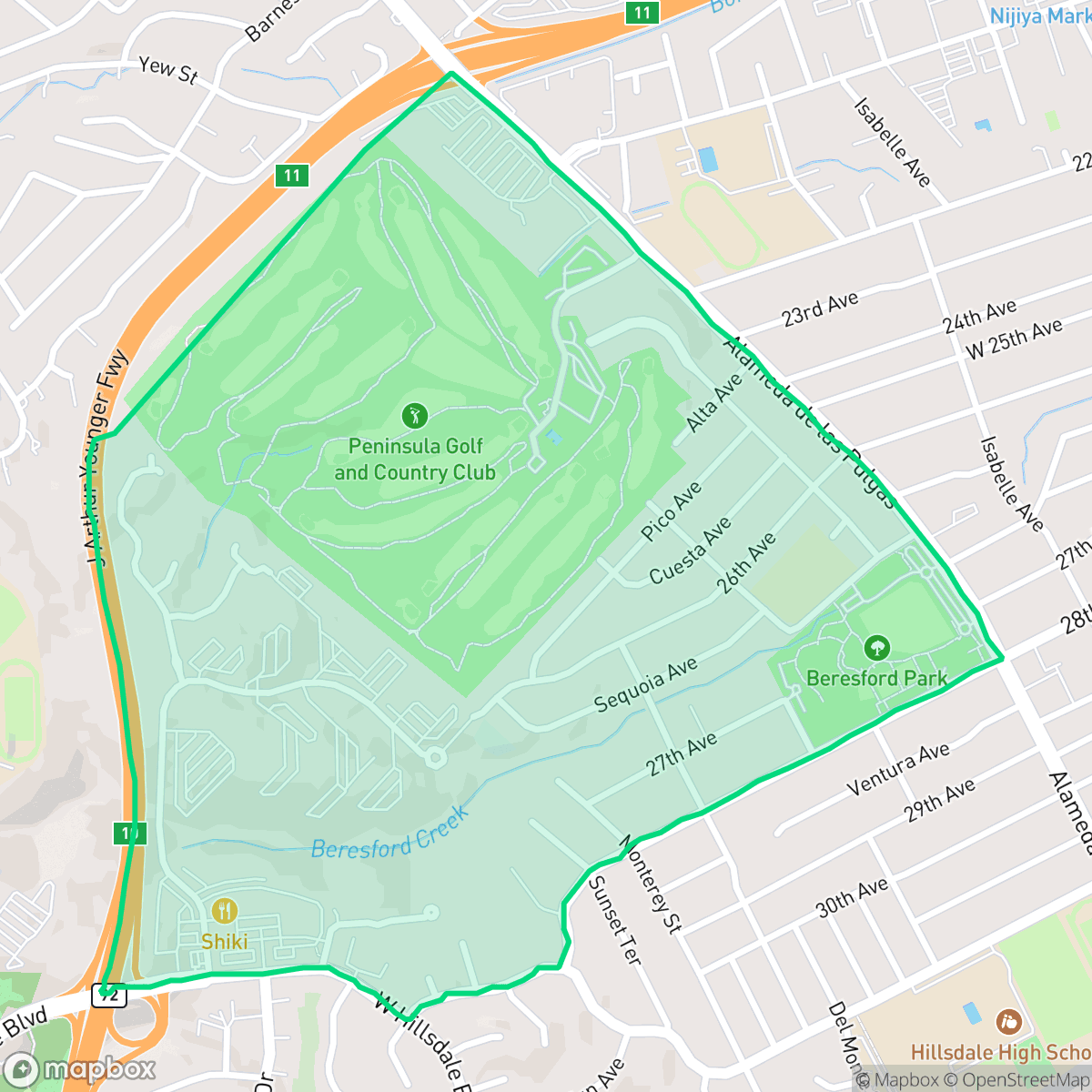 Map showing the location of Country Club Heights, San Mateo, CA